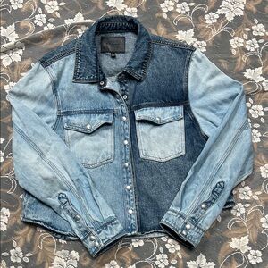 Blank NYC Leather-Trim Denim Jacket - Blue patchwork 100% cotton